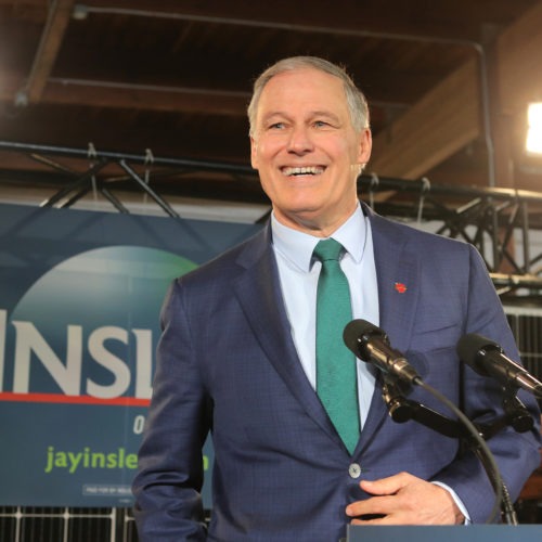 Washington Gov. Jay Inslee announces his run for the 2020 presidency at A&R Solar on March 1 in Seattle. He says tackling climate change should be "Job 1" for the next president. CREDIT: Karen Ducey/Getty Images