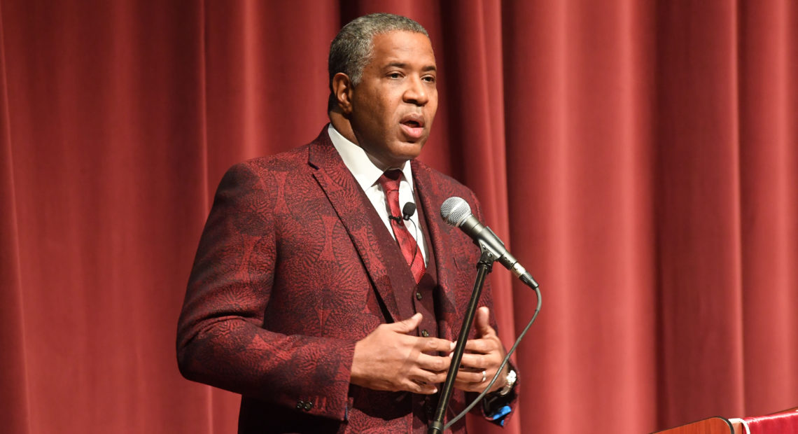 Robert F. Smith, founder, chairman and CEO of Vista Equity Partners, speaks at Morehouse College on Feb. 17, 2018 in Atlanta. Smith announced on Sunday he will pay off the student debt of the college's entire 2019 graduating class.