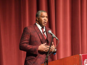 Robert F. Smith, founder, chairman and CEO of Vista Equity Partners, speaks at Morehouse College on Feb. 17, 2018 in Atlanta. Smith announced on Sunday he will pay off the student debt of the college's entire 2019 graduating class.