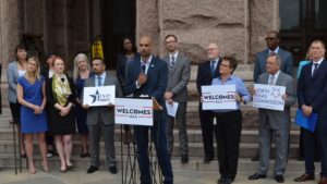 Mike Hollinger of IBM joined a group of business leaders at a news conference on the steps of the capitol in Austin, Texas. The business leaders oppose the so-called religious refusal laws currently under consideration in the Texas legislature. Susan Risdon/Red Media Group