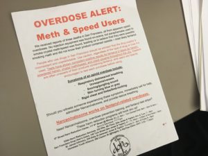 A meth overdose alert from the Drug Overdose Prevention and Education Project. CREDIT: APRIL DEMBOSKY/KQED