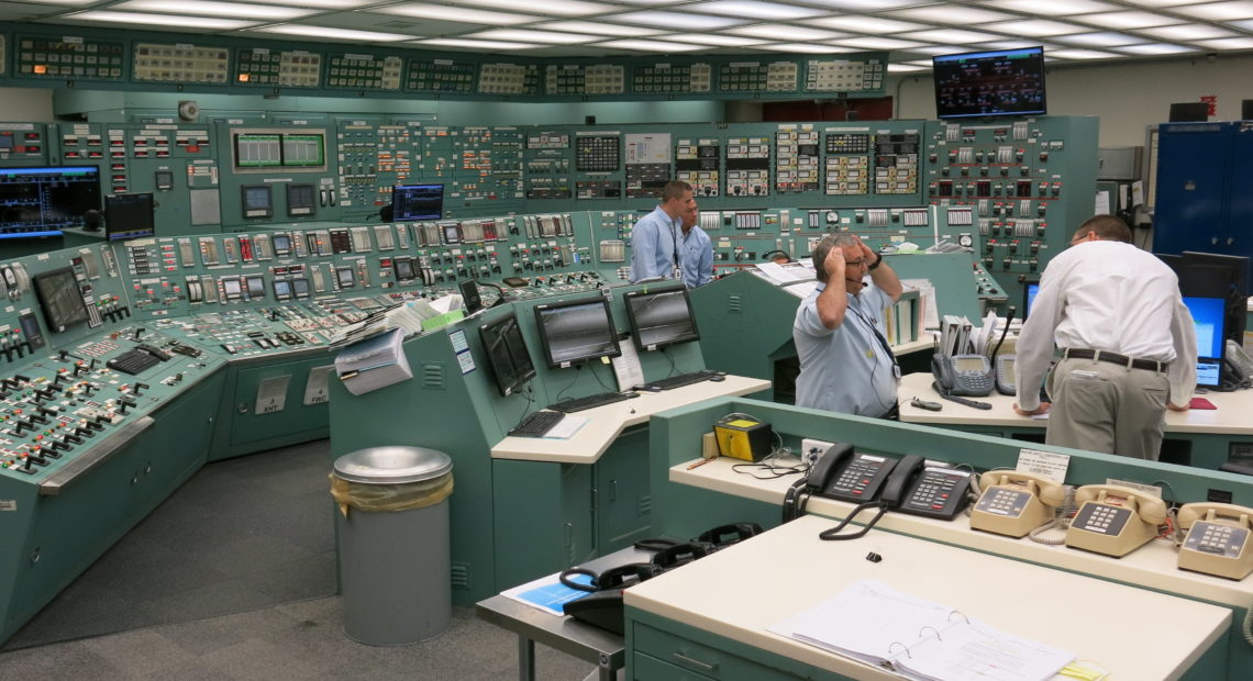 Entering the control room at Three Mile Island Unit 1 is like stepping back in time. Except for a few digital screens and new counters, much of the equipment is original to 1974, when the plant began generating electricity. Jeff Brady/NPR