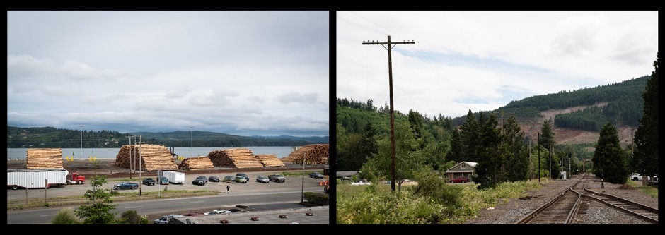 Coos Bay, Oregon (left) and Drain, Oregon (right). Rural Oregon counties have taken enormous financial hits as demand for timber has declined in the wake of the housing crisis. Cash strapped sheriffs say they don’t have the resources to enforce new gun laws. CREDIT: JONATHAN LEVINSON/OPB