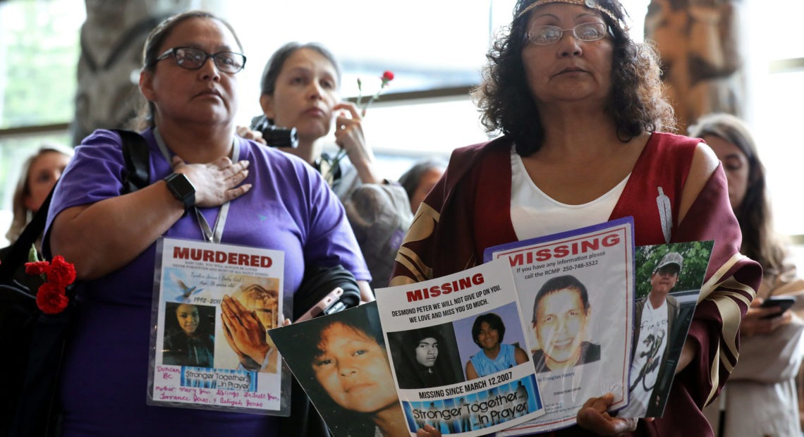 Women attend the closing ceremony of the National Inquiry into Missing and Murdered Indigenous Women and Girls on Monday in Gatineau, Quebec. Chris Wattie/Reuters