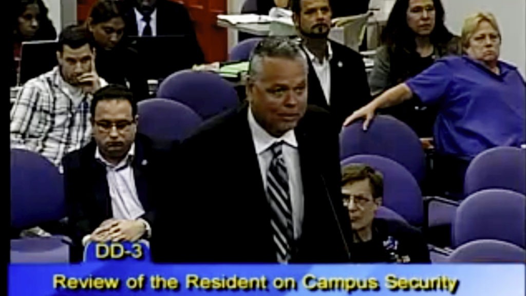 In this 2015 photo, then-school resource officer Scot Peterson spoke at a school board meeting of Broward County in Florida. Peterson was arrested on Tuesday and faces 11 charges in the wake of the Marjory Stoneman Douglas High School shooting. Broward County Public Schools via/AP