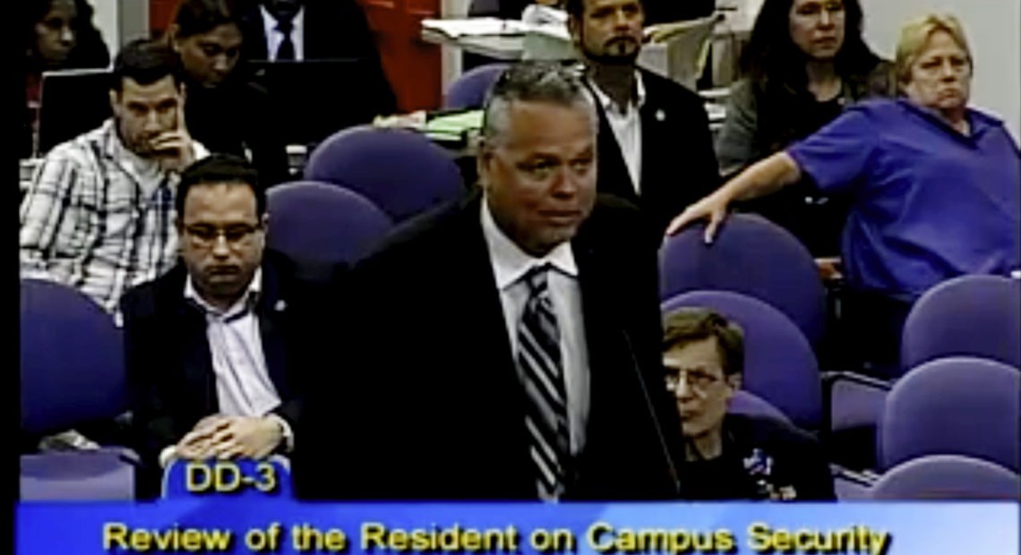 In this 2015 photo, then-school resource officer Scot Peterson spoke at a school board meeting of Broward County in Florida. Peterson was arrested on Tuesday and faces 11 charges in the wake of the Marjory Stoneman Douglas High School shooting. Broward County Public Schools via/AP