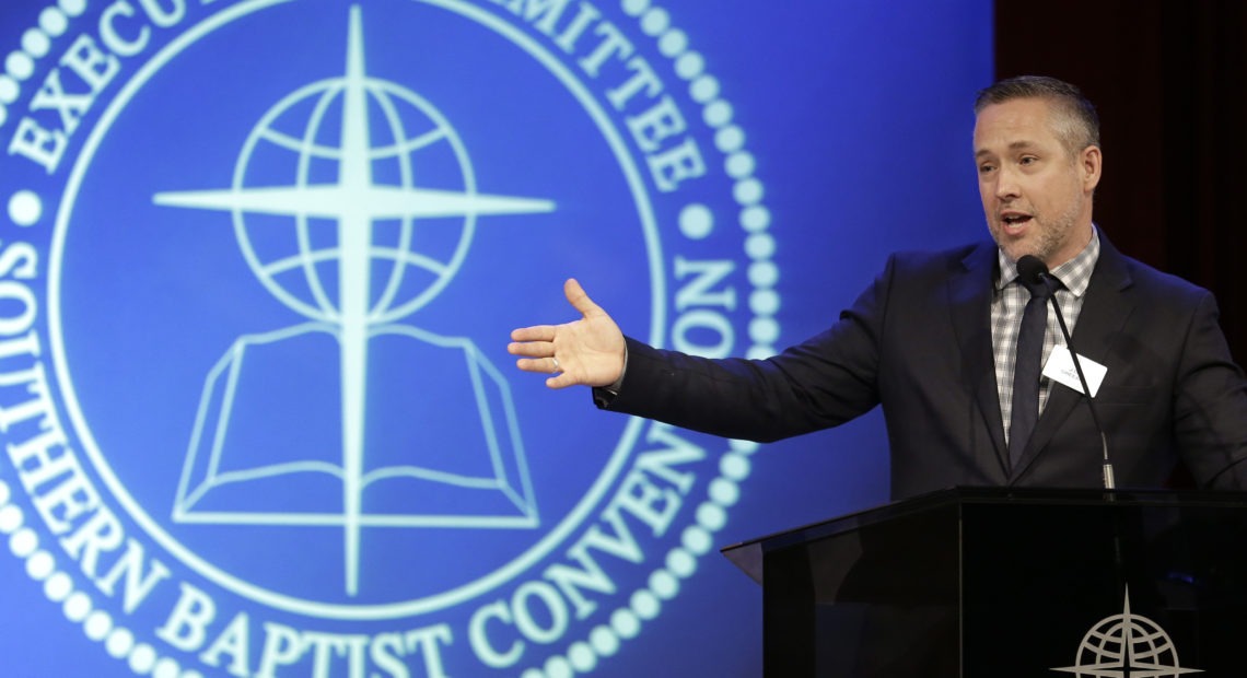 Southern Baptist Convention President J.D. Greear speaks to the denomination's executive committee in February. Church leaders meet this week to discuss clergy sexual abuse cases. Mark Humphrey/AP