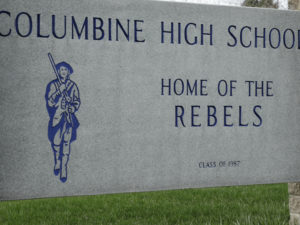 Columbine High School sign in Littleton, Colorado