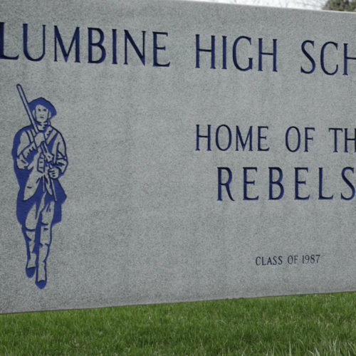 Columbine High School sign in Littleton, Colorado