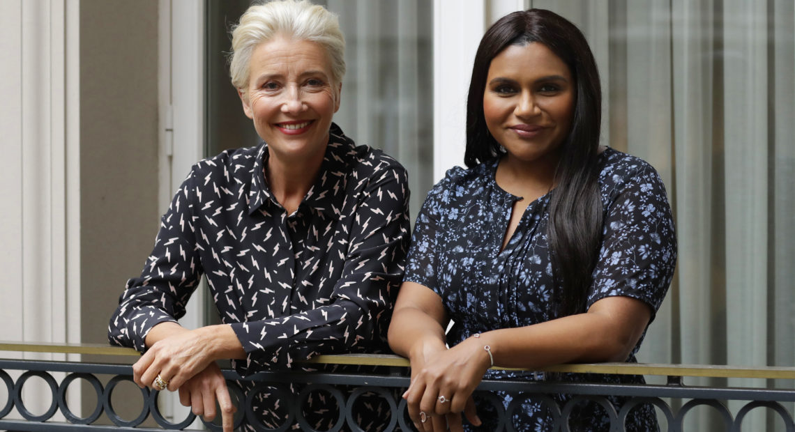 Mindy Kaling, right, wrote the lead role in Late Night with Emma Thompson in mind. They filmed the movie in a "white heat of passion" in 25 days, Thompson says. They are pictured above in London in May 2019. Matt Dunham/AP