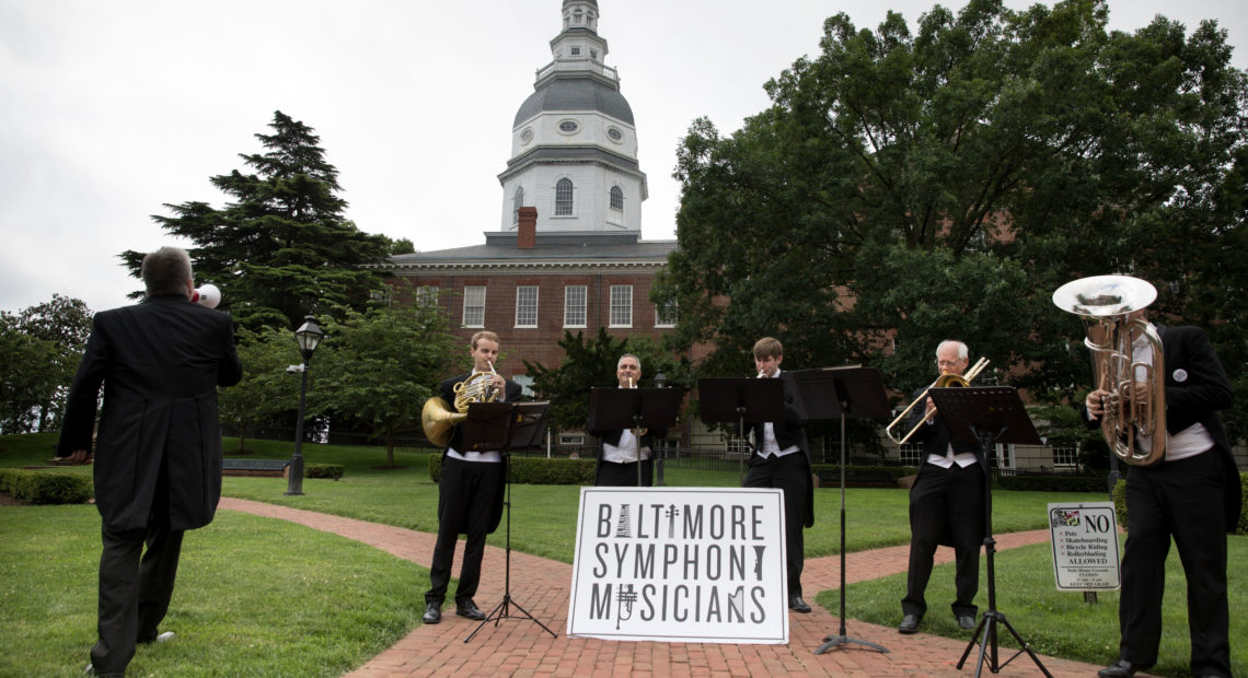Baltimore Symphony Orchestra musicians performing at the state capitol, in Annapolis, June 13, to urge Gov. Larry Hogan to release state funding for the financially strapped orchestra. Cheryl Diaz Meyer/The Washington Post/Getty Images