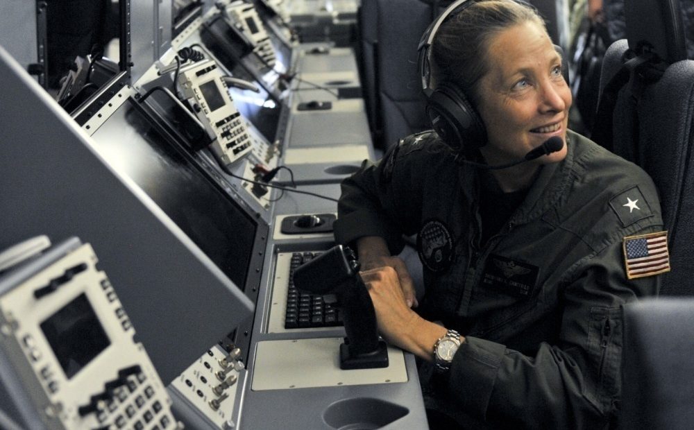 Rear Adm. Shoshana Chatfield sits at a mission crew work station in Guam. Chatfield has been named the next president of the Naval War College. Daniel Willoughby/U.S. Navy