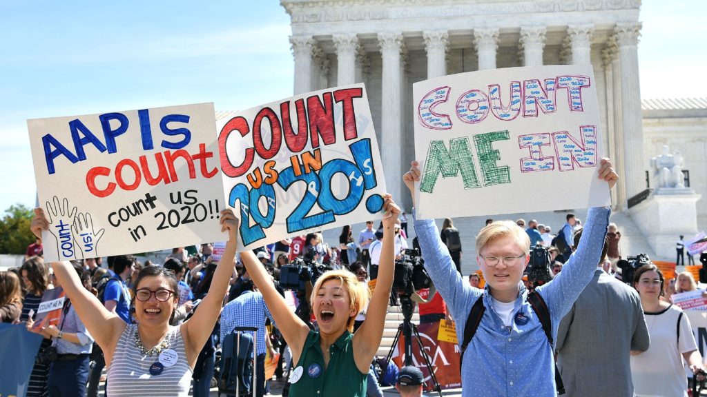 Demonstrators rally outside the U.S. Supreme Court in Washington, D.C., in April to protest the Trump administration's plan to add a citizenship question to forms for the 2020 census. Mandel Ngan/AFP/Getty Images