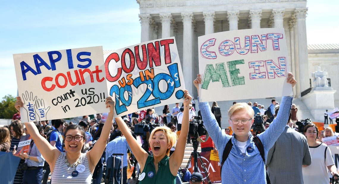 Demonstrators rally outside the U.S. Supreme Court in Washington, D.C., in April to protest the Trump administration's plan to add a citizenship question to forms for the 2020 census. Mandel Ngan/AFP/Getty Images