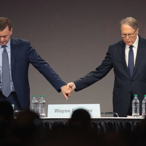 Chris Cox (L), the NRA's chief lobbyist, with CEO Wayne LaPierre at the annual meeting in Indiana in April. CREDIT: Scott Olson/Getty Images