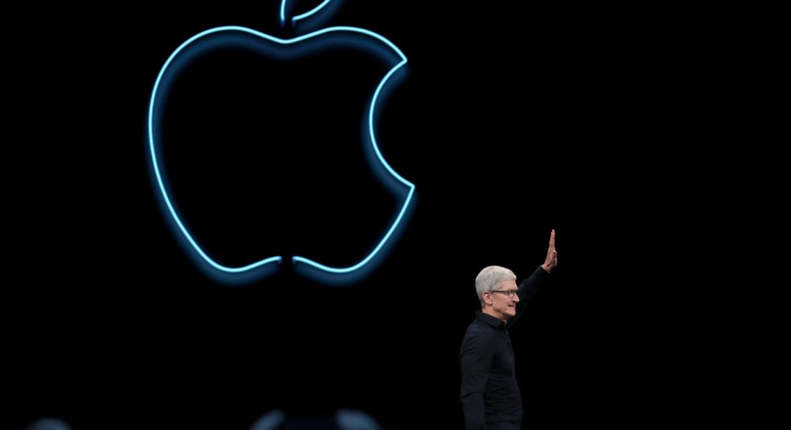 Apple CEO Tim Cook delivers the keynote address at the 2019 Apple Worldwide Developers Conference in San Jose, Calif., on Monday. The company announced that it's breaking up the iTunes application into three apps handling music, podcasts and TV. Justin Sullivan/Getty Images