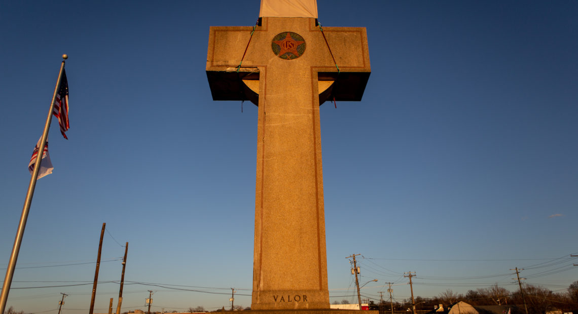 A World War I memorial cross sits in Bladensburg, Md., just outside Washington, D.C. The federal government asked the Supreme Court to rule in favor of the cross. CREDIT: Becky Harlan/NPR