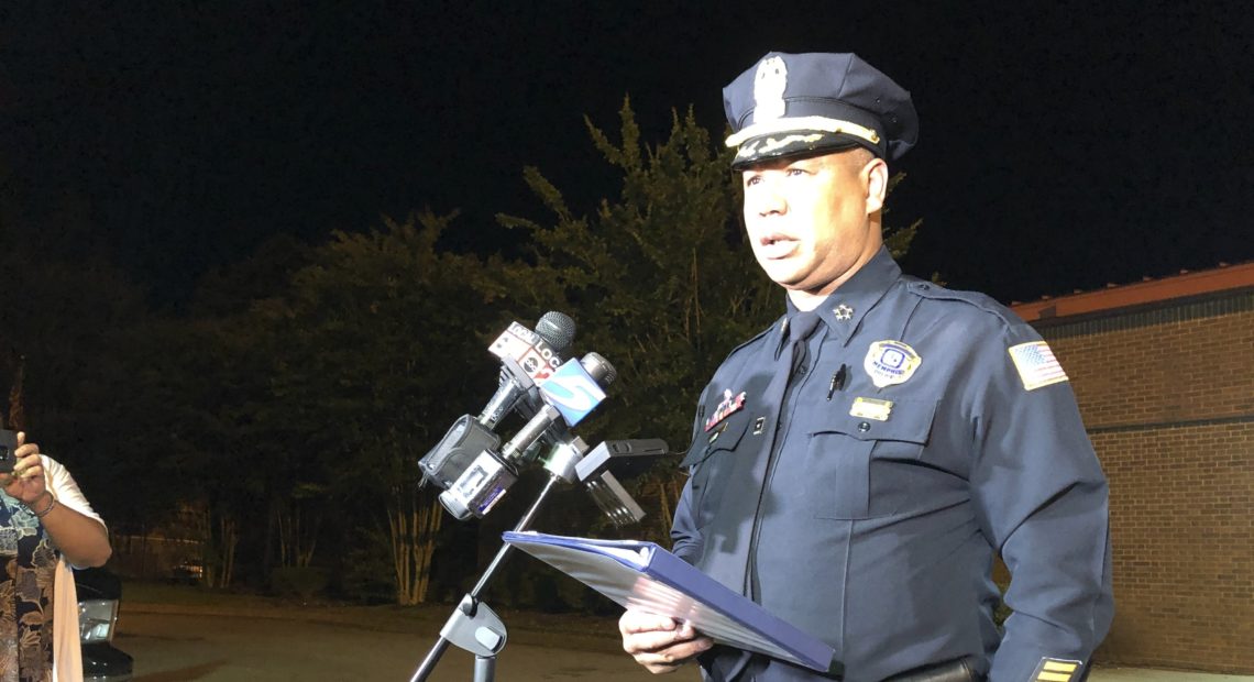 Memphis Police Director Michael Rallings speaks to reporters early Thursday in Memphis, Tenn., after armed officers and an angry crowd faced off late Wednesday night after officers with the U.S. Marshals Service shot and killed a man while trying to take him into custody. Adrian Sainz/AP