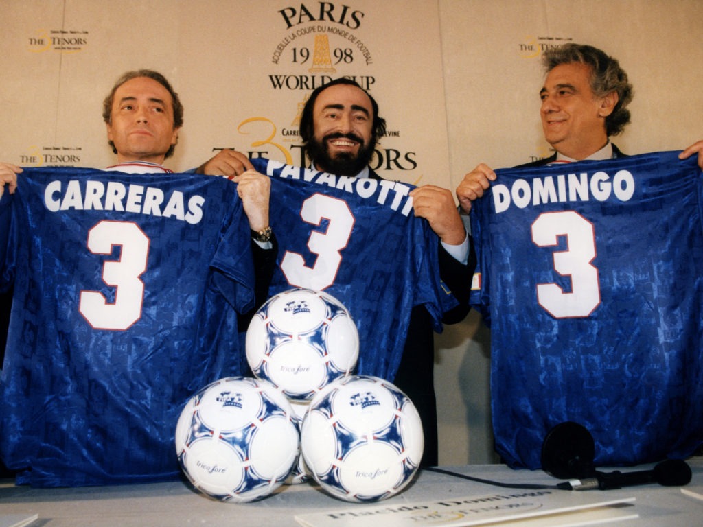 Luciano Pavarotti's fame only increased after the advent of The Three Tenors, pictured here at the 1998 World Cup in France. (From left, JosÃ© Carreras, Luciano Pavarotti and PlÃ¡cido Domingo.) Alain Benainous/Gamma-Rapho/Getty Images