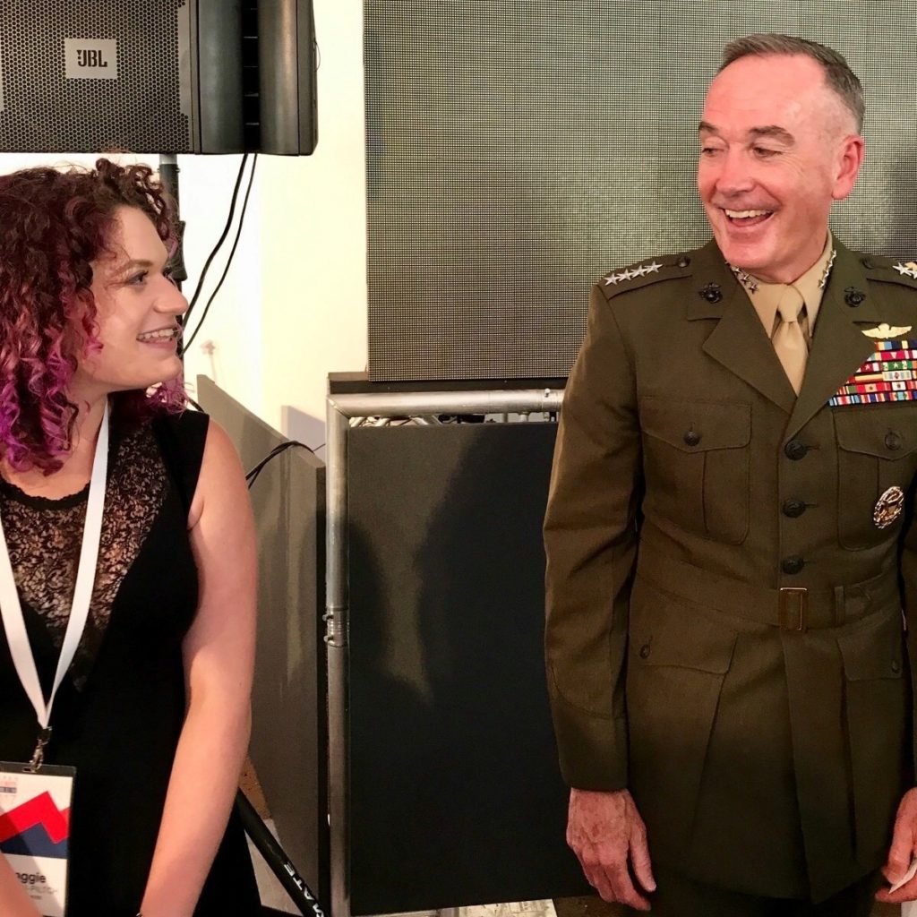 Maggie Feldman-Piltch, left, founder of #NatSecGirlSquad, and Marine Gen. Joseph Dunford, chairman of the Joint Chiefs of Staff, in 2017 at the Aspen Security Forum, in Aspen, Colo. Photo courtesy Maggie Feldman-Piltch