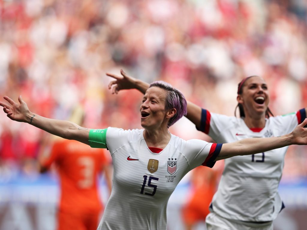 United States' Megan Rapinoe celebrates after scoring the opening goal from the penalty spot during the Women's World Cup final soccer match between U.S. and The Netherlands at the Stade de Lyon in Decines, outside Lyon, France on Sunday. Francisco Seco/AP