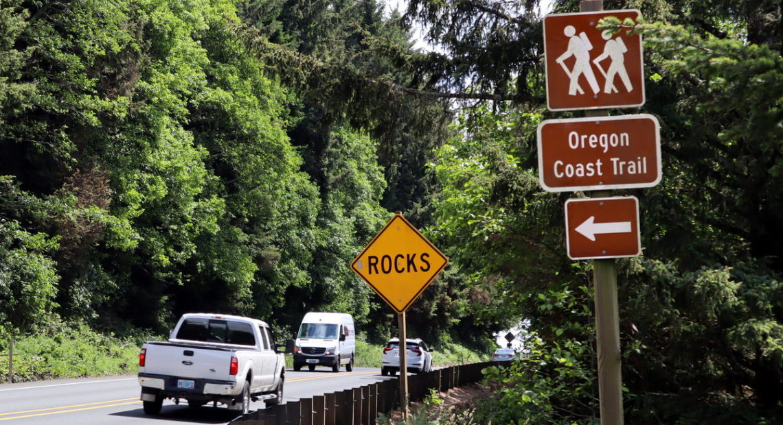 Oregon Coast Trail thru-hikers have to walk along busy, narrow Highway 101 for various stretches, including near Manzanita. CREDIT: TOM BANSE/N3