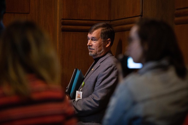 Oregon Sen. Brian Boquist, R-Dallas, waits to enter the floor of the Senate on the last day of the 2019 legislative session. Sen. Boquist said Sunday morning that no one should have cause to worry about their safety, after his remarks that state police should “send bachelors and come heavily armed” if they tried to apprehend him during the GOP walkout the previous week. CREDIT: KAYLEE DOMZALSKI/OPB