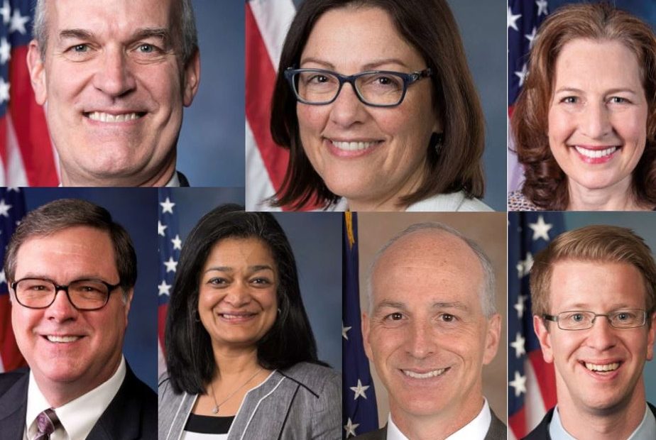 The Washington state Democrats in the U.S. House have all said publicly they endorse an impeachment proceeding for President Donald Trump. Clockwise from top left: Rick Larsen, Suzan Del Bene, Kim Schrier, Denny Heck, Pramila Jayapal, Adam Smith, and Derek Kilmer. CREDIT: KUOW/US House of Representative