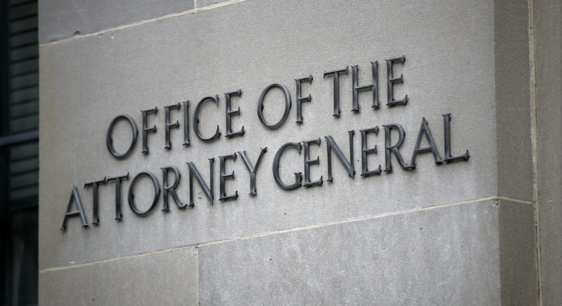 U.S. Department of Justice - Office of Attorney General sign. CREDIT: Patrick Semansky/AP