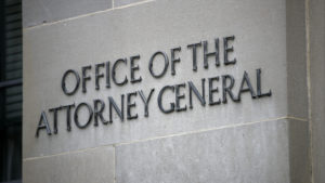 U.S. Department of Justice - Office of Attorney General sign. CREDIT: Patrick Semansky/AP
