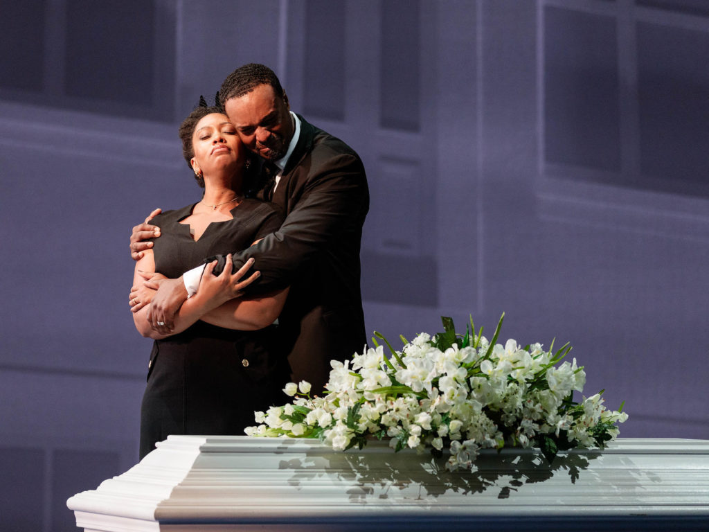 Briana Hunter as The Mother and Kenneth Kellogg as The Father in the 2019 premiere of Jeanine Tesori and Tazewell Thompson's Blue. Karli Cadel/Courtesy of The Glimmerglass Festival