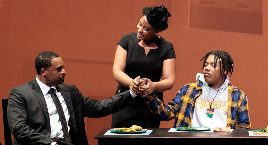 Kenneth Kellogg, Briana Hunter and Aaron Crouch play The Father, The Mother and The Son in the world premiere of Blue at the 2019 Glimmerglass Festival. Karli Cadel/Courtesy of the festival