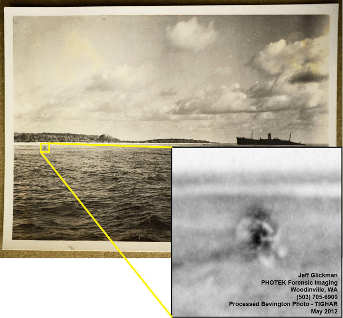 Forensic analysis has focused on the object at the left of this 1937 photo taken by British colonial officer Eric Bevington. COURTESY OF TIGHAR