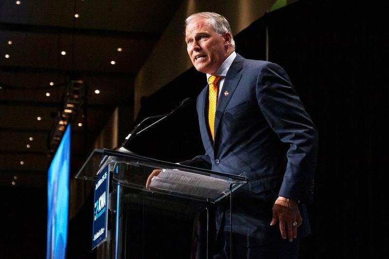 Washington Gov. Jay Inslee speaks at the Iowa Democratic Party’s Hall of Fame event on June 11, 2019 in Cedar Rapids, Iowa. CREDIT: JOHN PEMBLE / IOWA PUBLIC RADIO