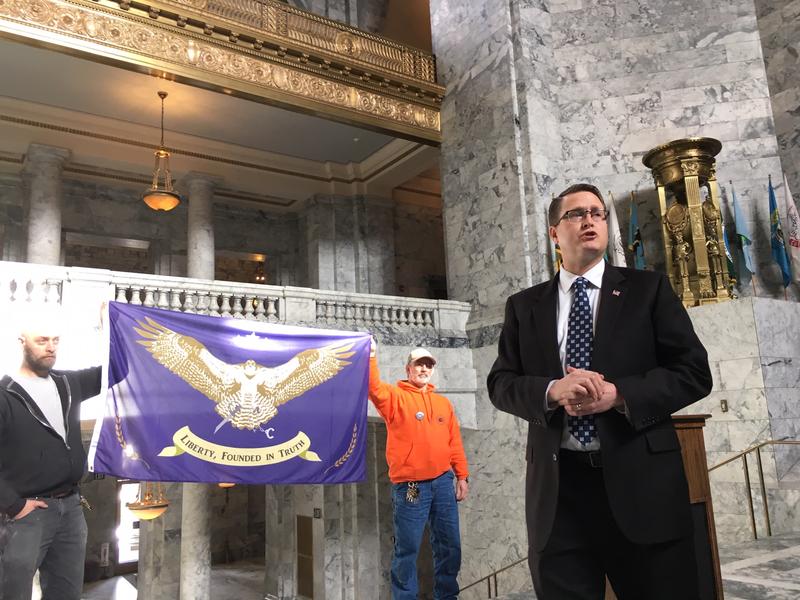 State Rep. Matt Shea speaks at a 51st state rally at the Washington Capitol on Feb. 15 2019. CREDIT: AUSTIN JENKINS / N3