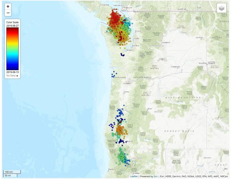 Dots represent slow-slip tremors detected between Aug. 13 and Aug. 27. PNSN