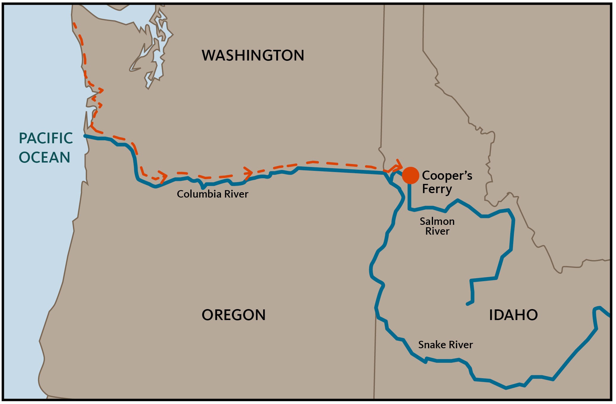 The possible migration route the earliest Americans took to arrive in western Idaho. CREDIT: Teresa Hall / Oregon State University