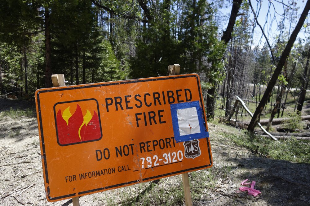 a sign for a prescribed burn in the Giant Sequoia National Monument, Calif., remains posted two years after the fire. The prescribed burn, a low-intensity, closely managed fire, was intended to clear out undergrowth and protect the heart of Kings Canyon National Park from a future threatening wildfire. The tactic is considered one of the best ways to prevent the kind of catastrophic destruction that has become common, but its use falls woefully short of goals in the West. CREDIT: BRIAN MELLEY/AP