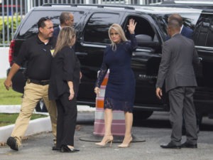 Justice Secretary Wanda Vázquez arrives at the Supreme Court, in San Juan, Puerto Rico, before she was sworn in as governor early Wednesday evening. Dennis M. Rivera Pichardo/AP