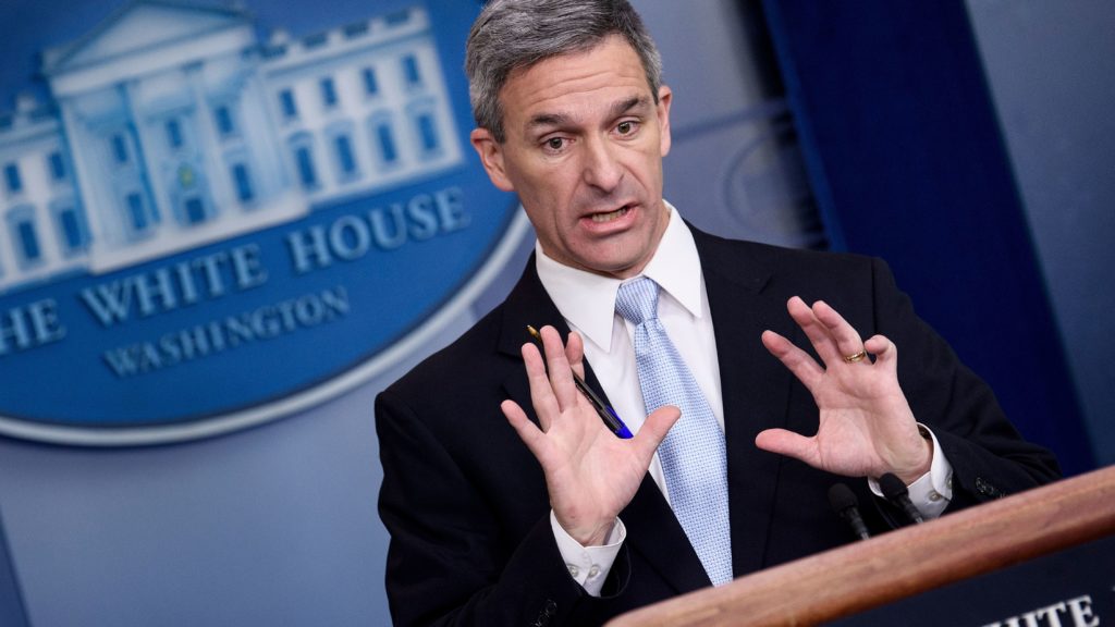 Acting Director of the U.S. Citizenship and Immigration Services Ken Cuccinelli speaks during a briefing at the White House on Monday. Trump administration officials announced new rules that aim to deny permanent residency to migrants who may need to use food stamps, Medicaid and other public benefits. Brendan Smialowski /AFP/Getty Images