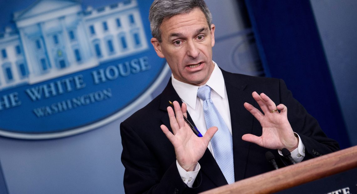 Acting Director of the U.S. Citizenship and Immigration Services Ken Cuccinelli speaks during a briefing at the White House on Monday. Trump administration officials announced new rules that aim to deny permanent residency to migrants who may need to use food stamps, Medicaid and other public benefits. Brendan Smialowski /AFP/Getty Images