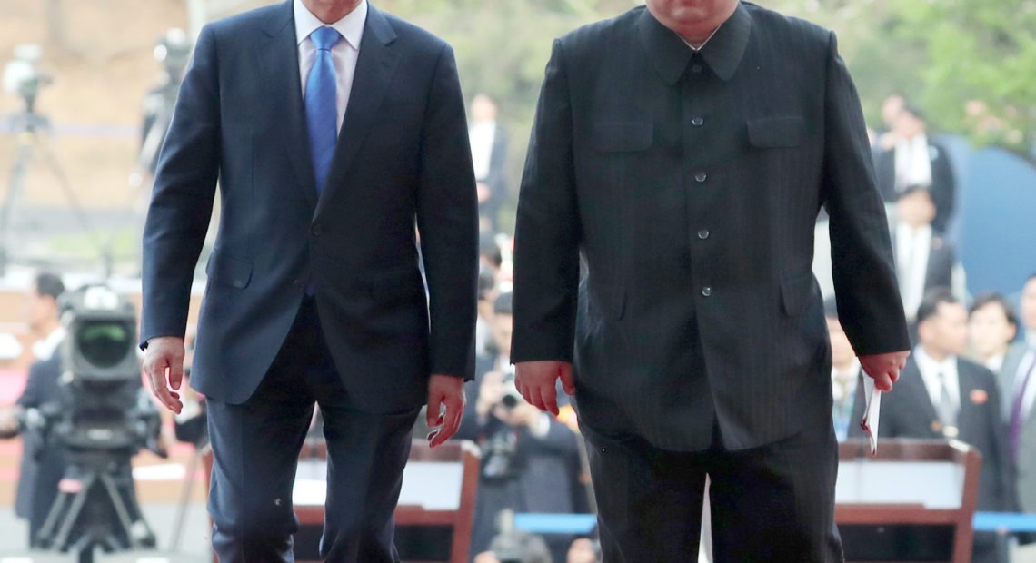 North Korean leader Kim Jong Un and South Korean President Moon Jae-in during the Inter-Korean Summit in April of last year in Panmunjom, South Korea. CREDIT: NurPhoto/NurPhoto via Getty Images