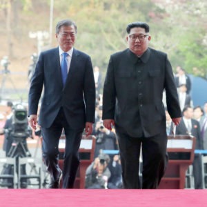 North Korean leader Kim Jong Un and South Korean President Moon Jae-in during the Inter-Korean Summit in April of last year in Panmunjom, South Korea. CREDIT: NurPhoto/NurPhoto via Getty Images
