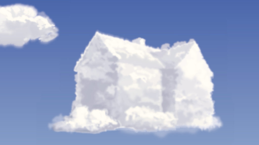 A cloud in the shape of a house floating against a clear blue sky. CREDIT: A cloud in the shape of a house floating against a clear blue sky.