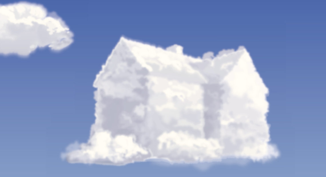 A cloud in the shape of a house floating against a clear blue sky. CREDIT: A cloud in the shape of a house floating against a clear blue sky.