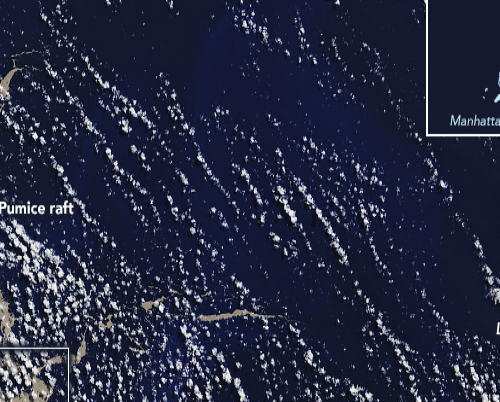 NASA's Terra satellite captured the mass of floating pumice rock on August 13. NASA