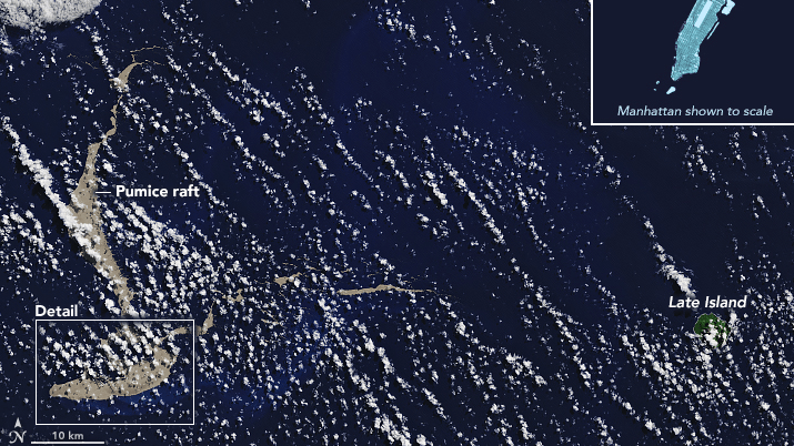 NASA's Terra satellite captured the mass of floating pumice rock on August 13. NASA