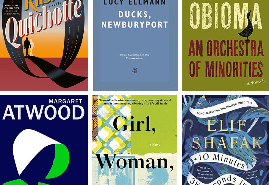 (Clockwise from top left) Quichotte, by Salman Rushdie; Ducks, Newburyport, by Lucy Ellmann; An Orchestra of Minorities, by Chigozie Obioma; 10 Minutes 38 Seconds in This Strange World, by Elif Shafak; Girl, Woman, Other, by Bernardine Evaristo; and The Testaments by Margaret Atwood. Courtesy of the publishers