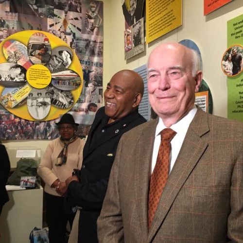 Former Republican Gov. Dan Evans, right, and Nat Jackson, the sponsor of I-1000, enjoy an upbeat moment last January after turning in petitions to qualify the initiative to the Legislature.