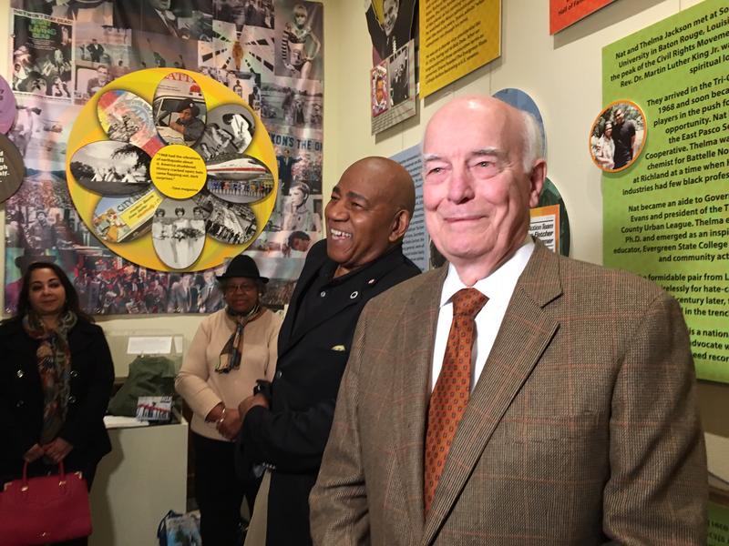 Former Republican Gov. Dan Evans, right, and Nat Jackson, the sponsor of I-1000, enjoy an upbeat moment last January after turning in petitions to qualify the initiative to the Legislature.